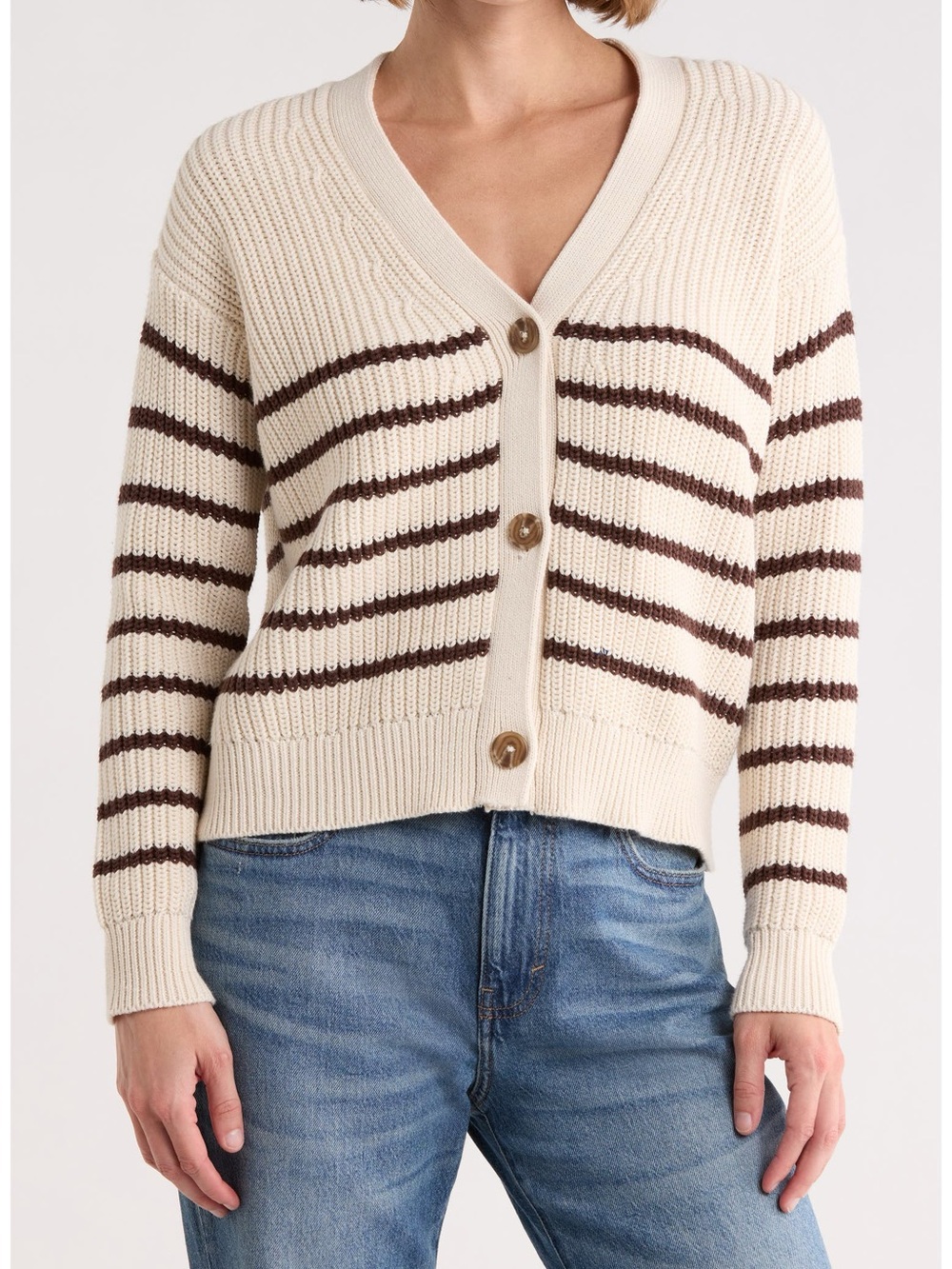 🆕 Elie Tahari Cream and Brown Striped V-Neck Button Cardigan